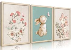 three framed art pieces with flowers and a bunny on the left, one is pink