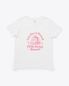 white crewneck tee with 'i've got a hunch i'll be eating brunch' and pancake graphic in pink lettering February Baby, Sorority Tees, Wholesale Candles, Fun Shirts, Aesthetic T Shirts, Your Best Self, Shop Clothes, Cute Jackets, Garden Outdoor