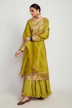 Shop for Pink City Green Silk Chanderi Kurta Sharara Set for Women Online at Aza Fashions Long Kurtas, Embroidered Sharara, Sharara Pants, Kurta Sharara Set, Kurta Sharara, Traditional Attires, Chanderi Kurta, Long Kurta, Pink City