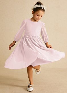 Lolo is our graceful chiffon flower girl dress. She features a scoop neckline with elegant 3/4 bishop sleeves. The back is adorned with delicate buttons that end with a charming bow tie. The gathered, flowy A-line skirt creates the perfect silhouette for twirling. This dress is not only perfect for a flower girl at a wedding but also versatile enough for other special occasions. Tea Length Flower Girl Dress, Chiffon Flower Girl Dress, Pink Flower Girl, Pink Flower Girl Dresses, Chiffon Flower, Chiffon Flowers, Flower Girl Dress, Tea Length, A Princess