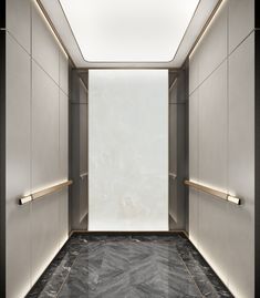 an empty elevator with marble flooring and lighting on the walls, leading to another room