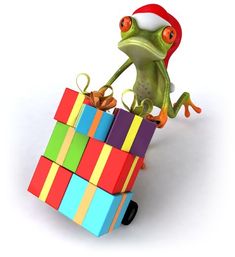 a frog in a santa hat is sitting on top of a pile of gift boxes