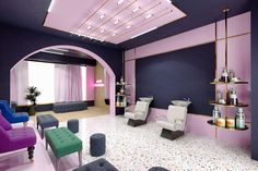 the interior of a hair salon with purple walls and blue chairs, pink rugs, and white flooring