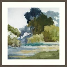 an abstract painting of trees and water