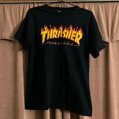 Black Thrasher Magazine T Shirt Medium Black Logo Print Top For Skateboarding, Black Tops With Logo Print For Skateboarding, Yellow Grunge Tops For Streetwear, Grunge Yellow T-shirt For Streetwear, Yellow Grunge T-shirt For Streetwear, Thrasher Shirt, Baggy Shirts, Olive Style, Thrasher Magazine