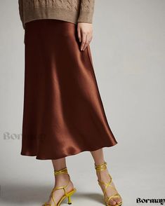 Bormay - Sophisticated Solid Color A-Line Skirtcrafted in Elegant Satin Chic Silk Skirt For Fall, Spring Party Ankle-length Skirt, Elegant Spring Flared Wrap Skirt, Chic Spring Cocktail Maxi Skirt, Chic Solid Color Ankle-length Skirt, Spring Cocktail Pencil Skirt, Chic Brown Relaxed Maxi Skirt, Chic Ankle-length Skirt, Elegant Asymmetrical Maxi Skirt For Spring