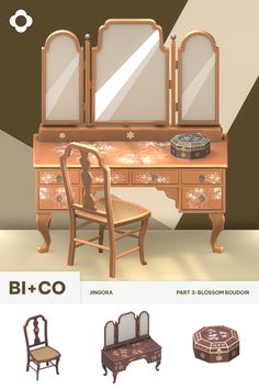 an old fashion dressing table and chair with mirrors on the top, two side by side