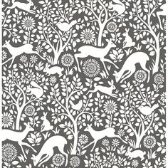 an intricately designed wallpaper with deers and flowers in the foreground, against a dark background