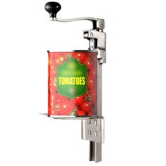 a tomato can is mounted on a metal hook to hold it in place with the lid open