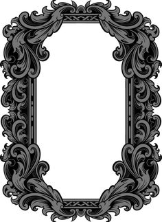 an ornate black and white frame with swirly scrolls on the edges, isolated against a white background