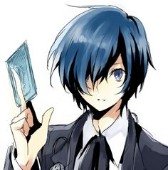 an anime character with blue hair holding up a book in one hand and wearing a tie