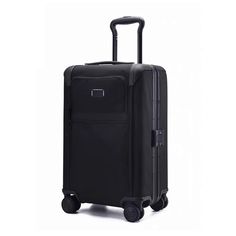 a black suitcase with wheels and handle on a white background, it is also used for travel