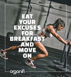 a woman squatting on a bar with the words eat your excess for breakfast and move on