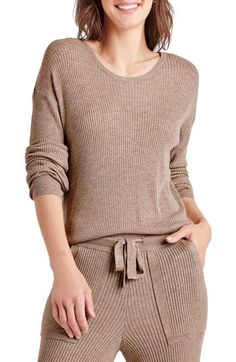 Ribbed stitching textures a scoop-neck sweater knit with a touch of soft cashmere. Scoop neck Long sleeves Ribbed cuffs and hem 40% viscose, 30% nylon, 25% polyester, 5% cashmere Dry clean Imported Ribbed Cashmere Crew Neck Top, Cozy Ribbed Cashmere Tops, Fine Knit Top For Loungewear, Fall Scoop Neck Knit Top For Layering, Scoop Neck Knit Top For Fall Layering, Casual Textured Knit Top With Scoop Neck, Casual Scoop Neck Knit Sweater, Knit Crew Neck Top For Loungewear, Chic Fall Knit Top With Scoop Neck