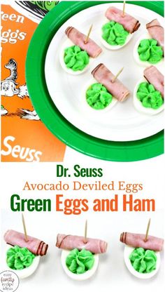 green eggs and ham are arranged on a white plate with the title dr seuss's avocado deviled eggs