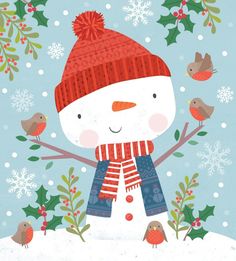 a snowman wearing a red hat and scarf standing in the snow with birds around him