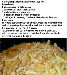 the instructions for how to make chicken and noodles in a crock pot are shown