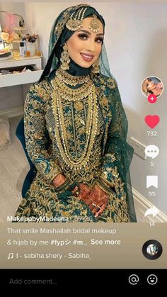 a woman in a green and gold wedding outfit