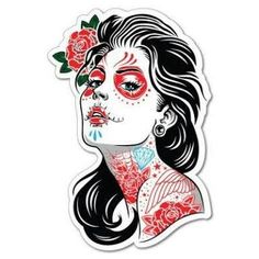 a woman with tattoos and roses on her face is looking to the side stock illustration