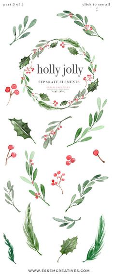 watercolor christmas wreaths and holly leaves