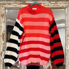 Super Cute Striped Sweater. Large. 12-14 Red Retro Sweater For Spring, Retro Red Sweater For Spring, Trendy Red Color Block Sweater, Cozy Vest, Longline Sweater, Preppy Sweater, Henley Sweater, Lace Sweater, Boatneck Sweater