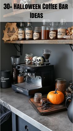 A sleek Halloween coffee bar with dark furniture, orange pumpkins, bat decor, and spooky mugs, creating a sophisticated yet festive design for the season. Coffee Bar Halloween Decor, Bar Halloween Decor, Spooky Mugs, Coffee Bar Setup, Bat Decor, Bar Setup