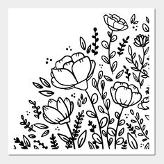 a black and white drawing of flowers