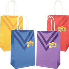 three different colored shopping bags with the words wiggles on each bag and one has a yellow, purple, red, blue, and orange chevron pattern