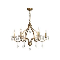 a gold chandelier with crystal drops hanging from it's center and four arms