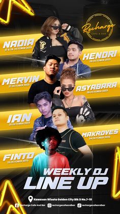 the poster for weekly line up with some people in black and yellow colors on it