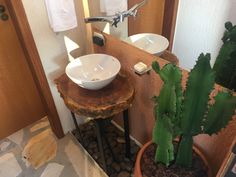 a bathroom with two sinks and a cactus in the corner next to it on top of a table