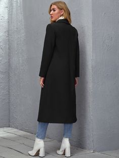 Black Casual  Long Sleeve Polyester Plain Regular  Non-Stretch Fall/Winter Women Outerwear Chic Cheap Long Coat, Wool Winter Coat, Women Outerwear, Women Overcoat, Pea Coat, Work Office, Casual Coat, Notched Collar, Trendy Fashion Women