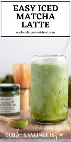 an iced matcha green tea latte in a mason jar