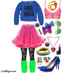 a woman in pink and blue outfit with accessories including shoes, bracelets, bra