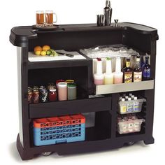 an image of a kitchen cart with food and drinks on the counter top for storage