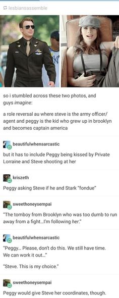 Peggy And Angie, Steve X Peggy, Peggy Carter Hair, Bucky Barnes Imagines Protective, Peggy And Steve, Steve And Peggy, Bucky Barnes Imagines, Gender Bent Disney, Steve Rogers Bucky Barnes