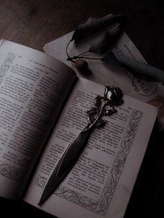 an open book with a rose on it and a knife laying on top of it