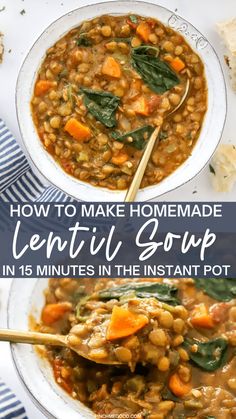 two bowls of lentil soup with spinach and carrots in the instant pot