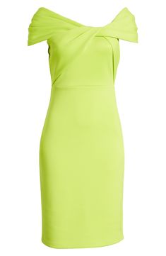 An artfully twisted neckline enhances the sophisticated appeal of a vivid cocktail dress cut from a stretchy scuba knit. 35" center front length (size 8) Back zip closure Off-the-shoulder neck Cap sleeves Lined 95% polyester, 5% spandex Machine wash, dry flat Imported Elegant Green Elastane Bodycon Dress, Eliza Dress, Scuba Knit, Eliza J, Beauty Services, Fragrance Design, Dress Cuts, Fabric Gifts, Free Fabric