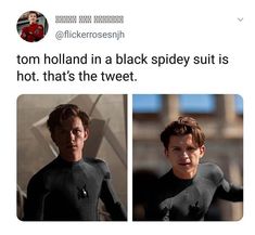 two photos of the same person in black spider suits, one is not smiling