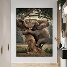 an elephant standing on top of a tree trunk