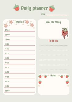 a printable daily planner with strawberrys and flowers on the side, in pink