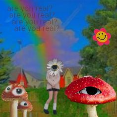 three mushrooms with eyes, one has a flower in its mouth and the other is a rainbow