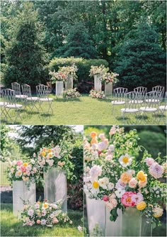 A backyard wedding ceremony altar setup of pedestals with coral, peach, buttery yellow, and blush flowers. Summer Wedding Altar, Backyard Altar, No Arch Wedding Ceremony, Ceremony Flowers Altar, Altar Ground Flowers, Floor-length Ceremony Sets With Floral Embroidery, Wedding Alter Decorations, Wedding Altar Ideas