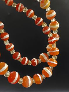 The Beautiful Antique Etched Carnelian Agate Beads Necklace With Rare Pattern Fast and Free Shipping world Wide Artisan Single Strand Orange Beaded Necklace, Hand-strung Orange Jewelry With Round Beads, Unique Orange Agate Necklace, Orange Hand-strung Jewelry With Round Beads, Artisan Orange Round Bead Jewelry, Unique Hand-strung Orange Necklace, Orange Single Strand Spiritual Necklace, Orange Gemstone Round Beads Jewelry, Artisan Orange Jewelry With Round Beads