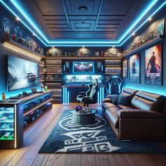 Immerse yourself in an ultimate gamer's paradise featuring a high-end multiple monitor PC setup, large TV screen, comfy leather couch, and a fridge of snacks and beverages. With nostalgic arcade gaming, spectacular LED lights, and impressive game collection, this man cave is the perfect gaming getaway. #GamingRoom #ManCave #GamerLifestyle #PCSetup #ArcadeGaming #VideoGameCollection Gaming And Movie Room, Biggest Bedroom, Game Room Design Ideas, Small House Hacks, Lofted Cabin, Set Up Gamer, Tiny Castle, Games Room Inspiration, Gaming Lounge