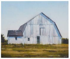 an oil painting of a white barn