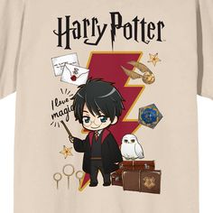 a harry potter t - shirt with an owl and hogwarts holding a wand