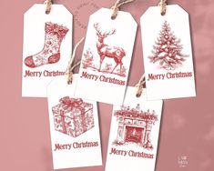 four christmas gift tags hanging from twine