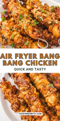 air fryer bang bang chicken on a white plate with text overlay that reads, air fryer bang bang chicken quick and tasty